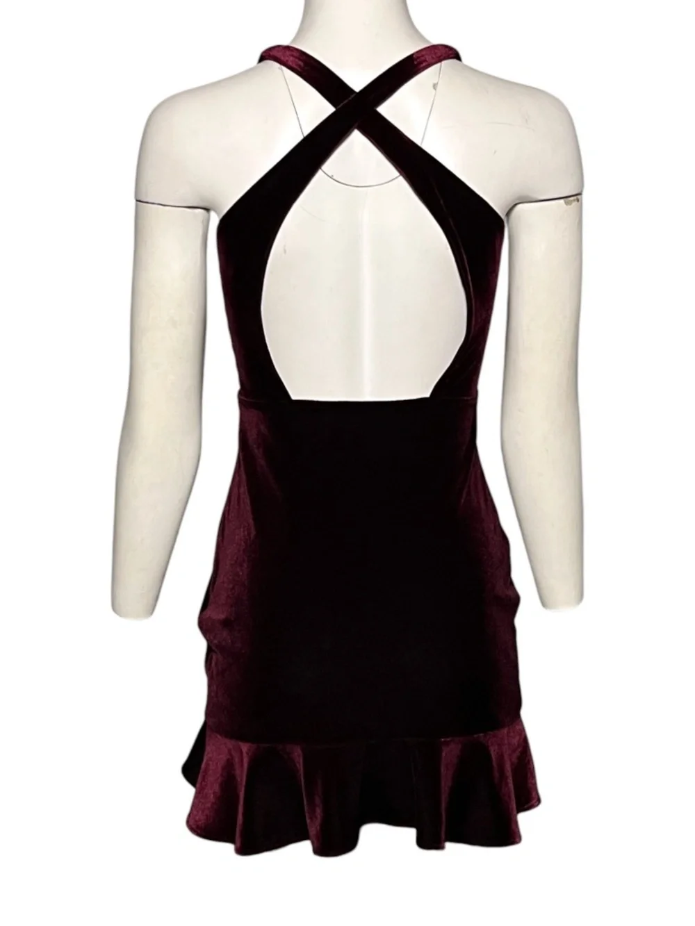 Amanda Uprichard Velvet Mini Dress Small Burgundy Open Back Racer Ruffle Hem